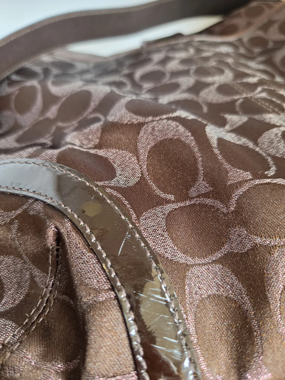 Coach Brown Signature Monogram Shoulder Bag with Gold Stud Accents, Dust Bag,Y2K